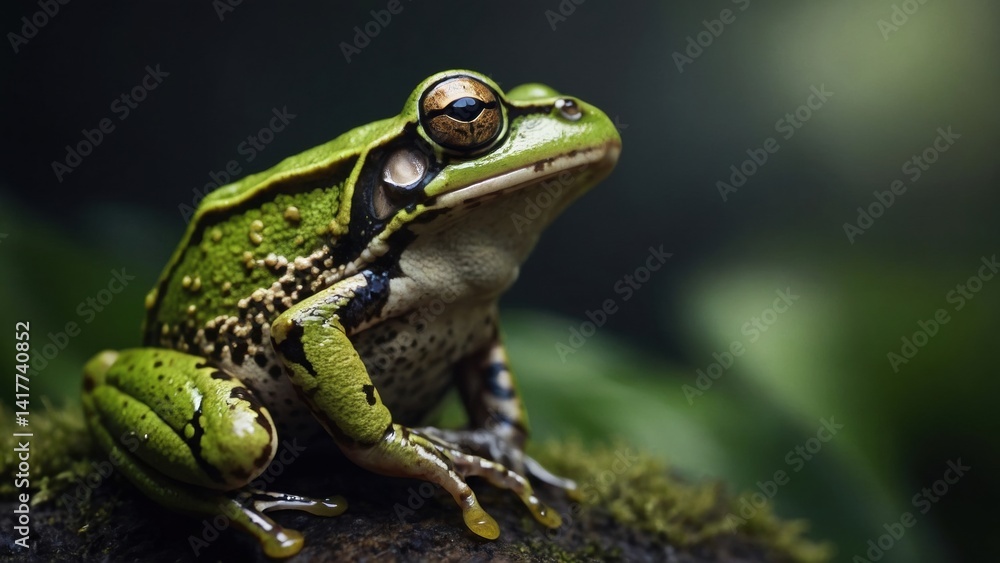 Vibrant green frog sitting on mossy surface with striking golden eyes, illuminated by soft natural light Vibrant green frog sitting on mossy surface with striking golden eyes, illuminated by soft natural light