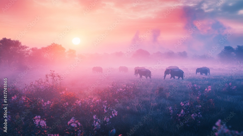 A mesmerizing landscape featuring gentle elephants in a misty field. The beauty of nature unfolds with stunning hues at sunset. Peaceful and tranquil moments captured. Generative AI