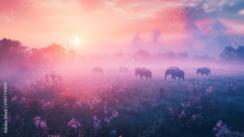Obraz na płótnie A mesmerizing landscape featuring gentle elephants in a misty field. The beauty of nature unfolds with stunning hues at sunset. Peaceful and tranquil moments captured. Generative AI w salonie