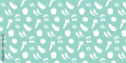 Cute Garden Vegetable Seamless Pattern Vector Design of Sketchy Eggplants, Bell Peppers, Carrots, Garlic Cloves, Apples, and Cherries2