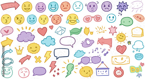 Smile brush hand drawn vector element set. Emoji fun face, heart, crown symbol crayon texture marker background kid sketch style hand drawn element. Scribble shape, smiley face. Vector illustrationrt