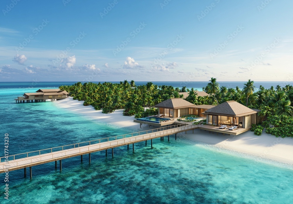 Obraz premium Luxury beachfront villas and overwater bungalows surrounded by lush palm trees and crystal-clear turquoise waters, offering the ultimate tropical escape and relaxation