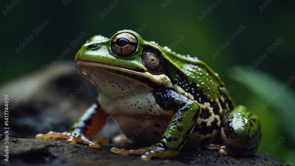 Close-up of a detailed bright green frog sitting on dark rock with a blurred green background Close-up of a detailed bright green frog sitting on dark rock with a blurred green background