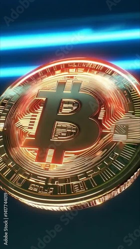 Rotating bitcoin coin in cosmic void emitting neon glow and mysterious radiance - symbol of digital era.