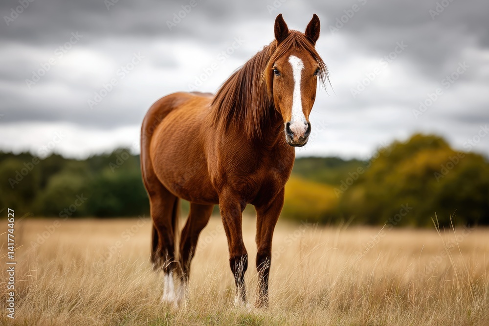 Obraz premium Brown horse standing in a golden field, with trees in the background for equestrian ad