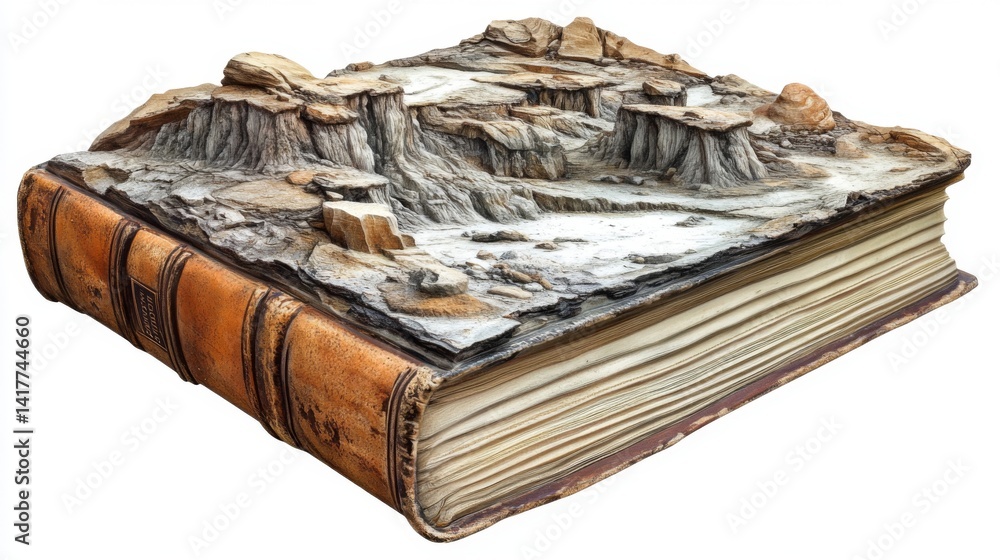 A book with a stunning 3D landscape cover depicts mountains and cliffs. The intricate design invites viewers to explore the world within its pages. Generative AI