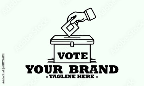 Simple black outline illustration of a hand inserting a ballot paper into a voting box labeled "VOTE". Election concept, logo vector design and illustration logo vector art