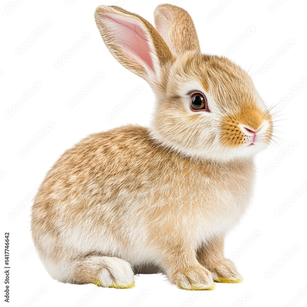 Obraz premium Adorable brown and white baby rabbit with pink ears sitting on a white background, showcasing soft fur, large expressive eyes, and tiny paw details, perfect for sp or Easter themes