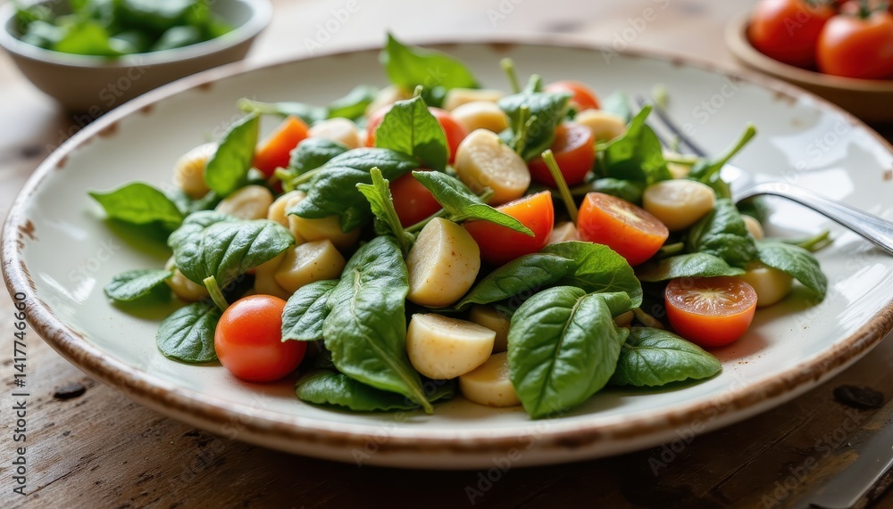 Fresh Vegetable Salad with Spinach Rustic Kitchen Table Food Photography Natural Light Healthy Eating Concept Fresh Vegetable Salad with Spinach Rustic Kitchen Table Food Photography Natural Light Healthy Eating Concept
