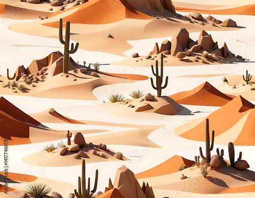Desert Landscape with Cactus and Sand Dunes Pattern Illustration