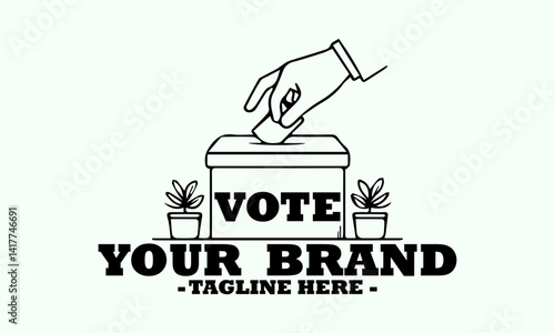 Simple black outline illustration of a hand inserting a ballot paper into a voting box labeled "VOTE". Election concept, logo vector design and illustration logo vector art