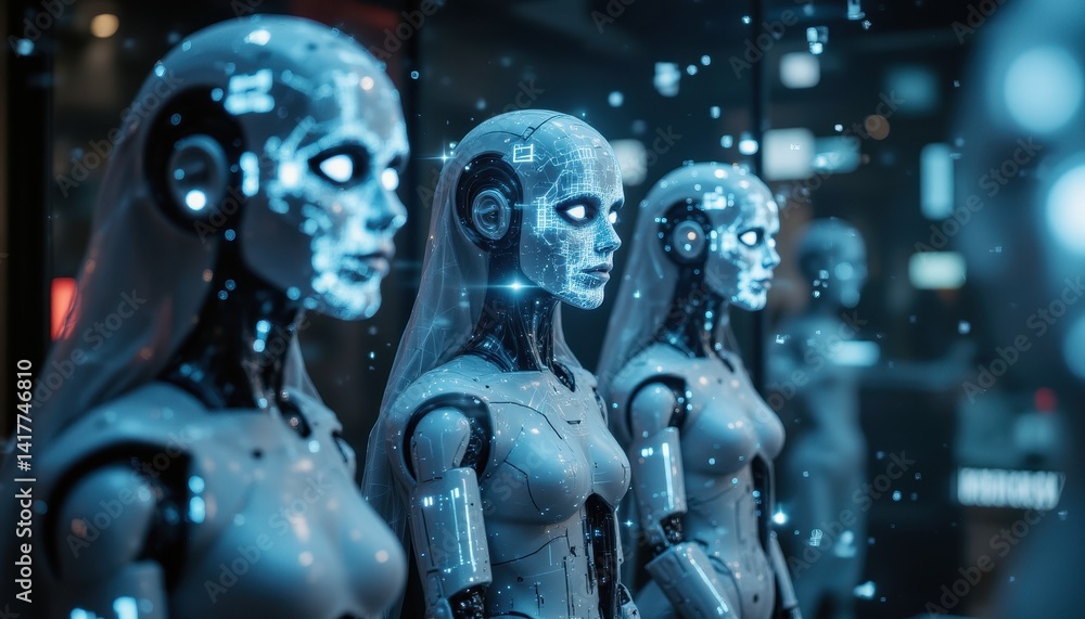 Group of Female Robot Heads Creating Innovative Designs in Futuristic Studio Digital Art High-Tech Environment Close-Up View Group of Female Robot Heads Creating Innovative Designs in Futuristic Studio Digital Art High-Tech Environment Close-Up View