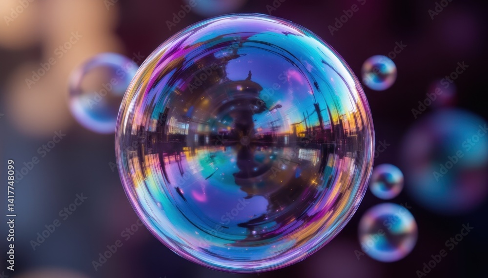 Captivating Macro Photo of a Soap Bubble Reflecting Urban Landscape Colorful Environment Close-Up View Captivating Macro Photo of a Soap Bubble Reflecting Urban Landscape Colorful Environment Close-Up View