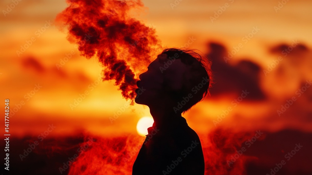 A silhouette against a stunning sunset. Wisps of smoke rise into the sky creating an ethereal aura. A moment that captures reflection and serenity. Generative AI