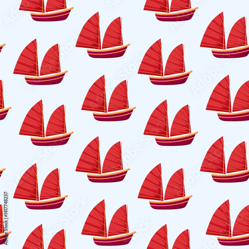 Vector seamless pattern featuring traditional red junk boats with iconic sails. Perfect for travel themes, wrapping paper, textile design, kids' projects, or Asian inspired decor.