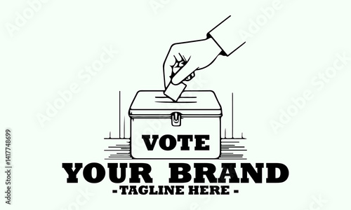 Simple black outline illustration of a hand inserting a ballot paper into a voting box labeled "VOTE". Election concept, logo vector design and illustration logo vector art