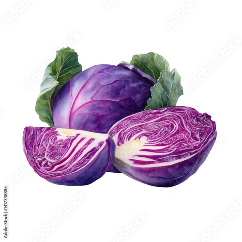 Vibrant Red Cabbage Whole Head and Sliced Pieces Fresh Purple Vegetable Watercolor Painting Food