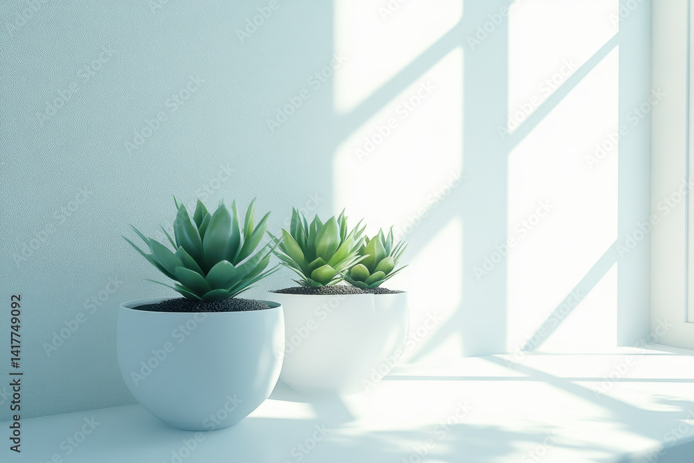 Two succulent plants in white pots on a windowsill. Two succulent plants in white pots on a windowsill.