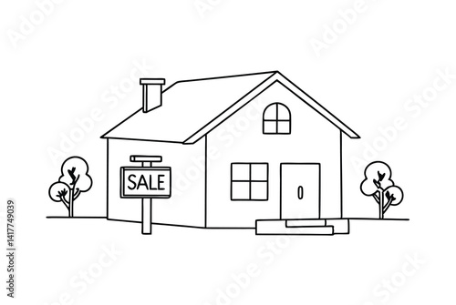 Outline Illustration Of A House For Sale With Trees In The Yard