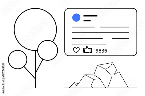 Social media notification with thumbs ups count, minimalist tree with circular elements, geometric mountain shapes. Ideal for social connections, interactivity, engagement, growth, communication