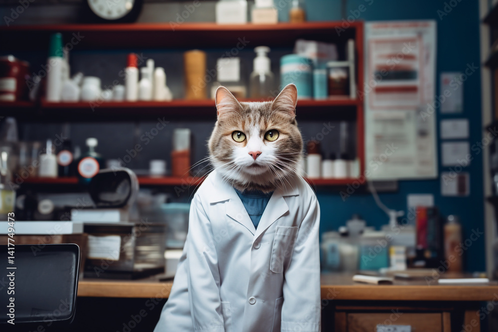 Funny grey cat wearing eyeglasses and a white coat, posing as a male pharmacist in an apothecary setting. humorous concept combining animals, healthcare, and imagination