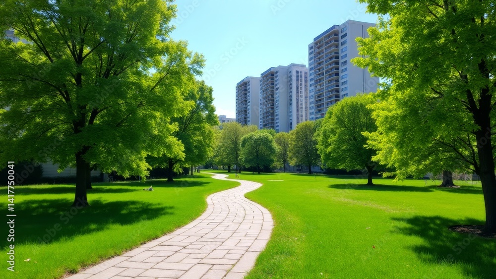 Walkway Through Park With Buildings Behind Walkway Through Park With Buildings Behind