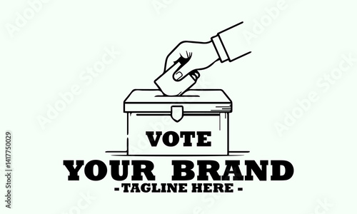Simple black outline illustration of a hand inserting a ballot paper into a voting box labeled "VOTE". Election concept, logo vector design and illustration logo vector art
