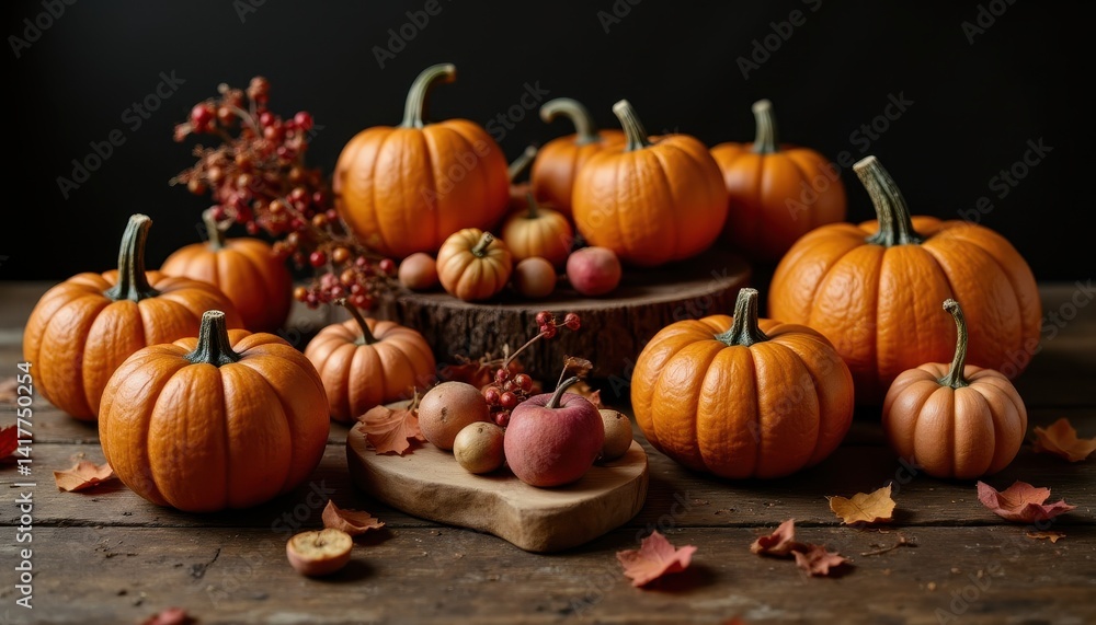 Autumn Harvest Festivities Pumpkins and Fruits Arrangement Rustic Setting Still Life Cozy Atmosphere Autumn Harvest Festivities Pumpkins and Fruits Arrangement Rustic Setting Still Life Cozy Atmosphere