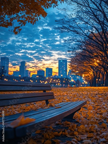 Autumnal serenity in the city park, featuring a bench and golden leaves