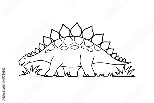 Outlined Stegosaurus In Grass Black And White Dinosaur Illustration Vector