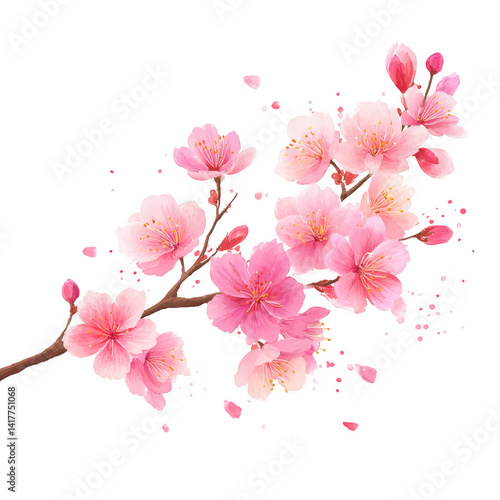 Beautiful Pink Cherry Blossom Branch with Falling Petals Spring Floral Design