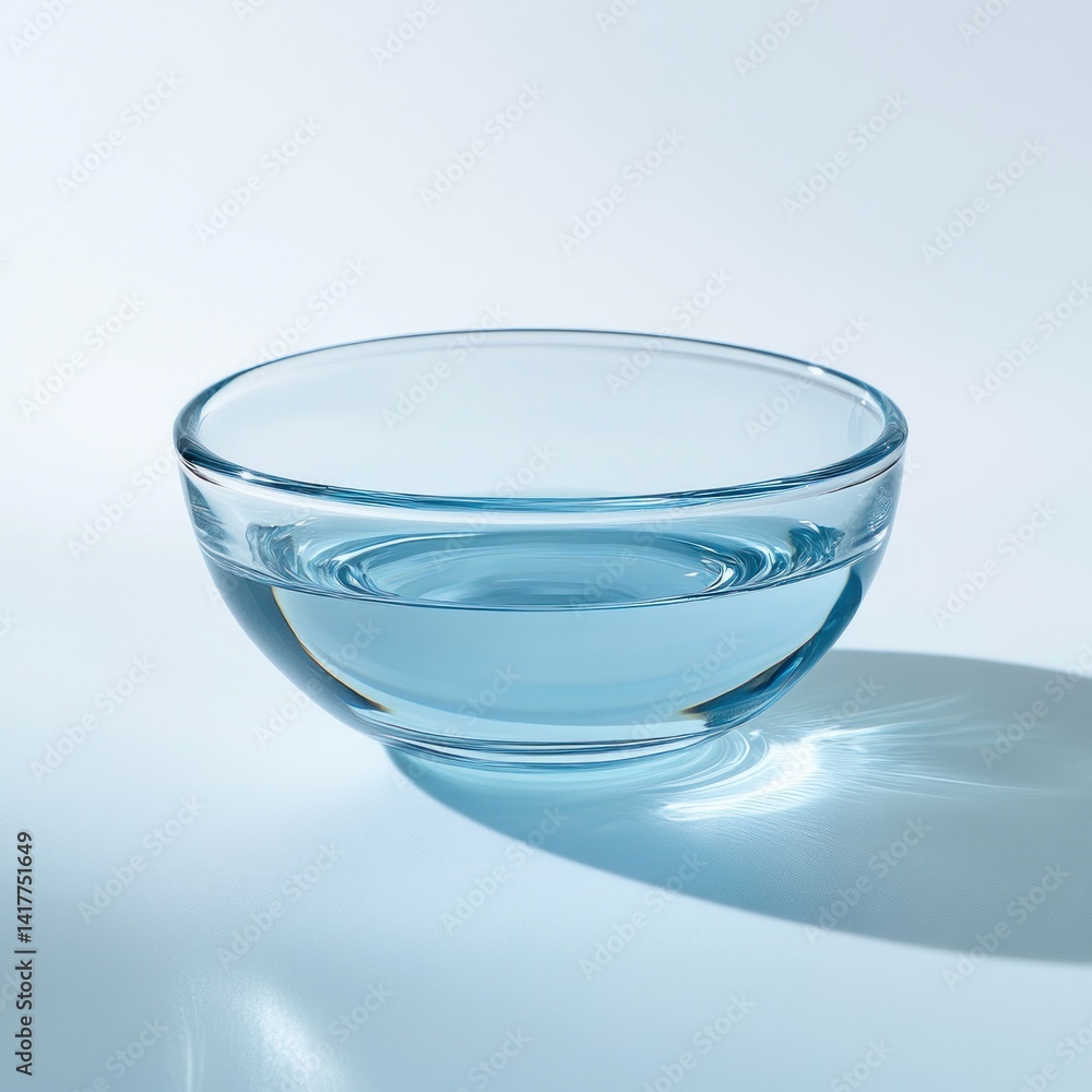 Transparent glass bowl filled with clear water reflecting soft light in minimalistic setting Transparent glass bowl filled with clear water reflecting soft light in minimalistic setting