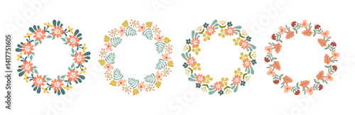 Set of abstract floral wreaths in doodle folk style. Warm vintage coral, mustard, sage, terracotta colors. Ideal for wedding invites, greeting cards, logo design, packaging, and stationery.