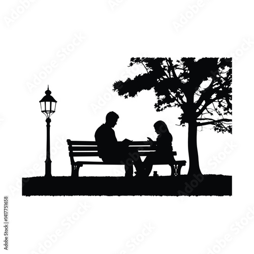 Couple reading book while relaxing by tree in park vector silhouette