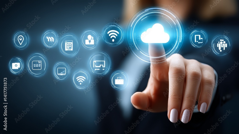 Navigating a Network of Cloud Services: Finger Selects Central Cloud Icon Among Connected Digital Applications. Navigating a Network of Cloud Services: Finger Selects Central Cloud Icon Among Connected Digital Applications.