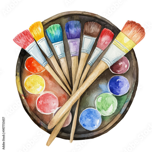 Paint Palette With Mixing Colors, vector watercolor illustration, isolated on a white background.
