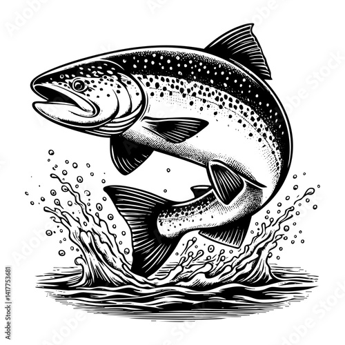 salmon sketch engraving black and white outline. Scratch board imitation.