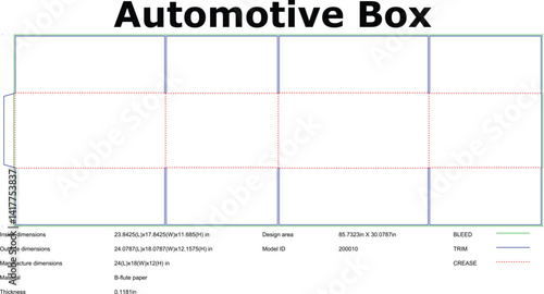 Automotive packaging box die cut template with dimensions and crease lines