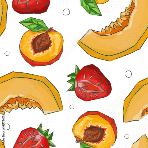 seamless fruit pattern with polka dots on white – hand-painted gouache slices of peach, melon and strawberry in modern triangle cubism low poly style