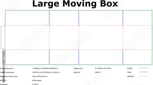 Technical drawing of a large corrugated cardboard box packaging layout