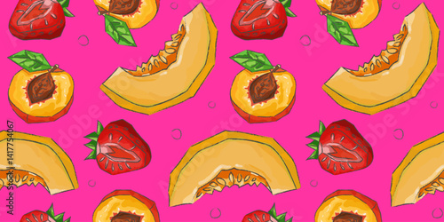 vibrant summer fruit pattern on pink background – seamless hand-painted slices of peach, melon and strawberry in gouache with retro polka dots