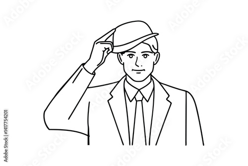 Line Art Illustration Of A Man Tipping His Hat Wearing Suit And Tie