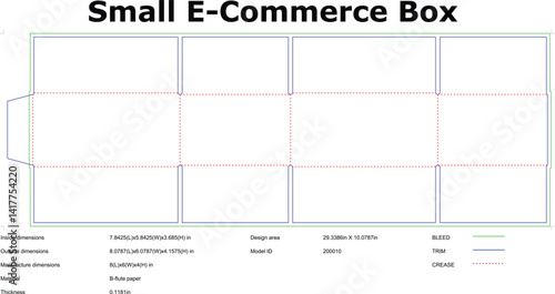 Packaging box die cut template for small ecommerce with dimensions and crease lines