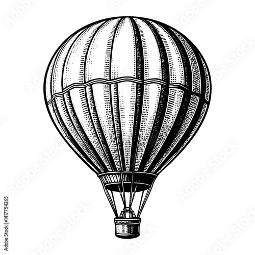hot air balloon engraving black and white outline. Scratch board imitation.