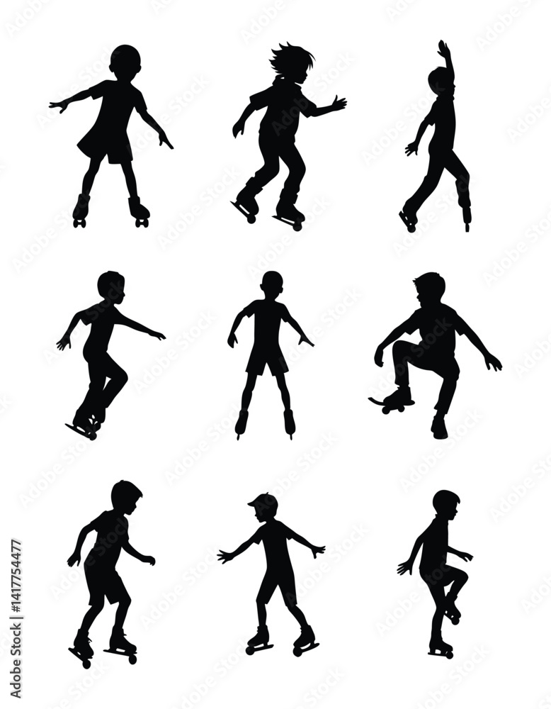 Silhouette of Boy Roller Skating on Quad Skates. Silhouette of Boy Roller Skating on Quad Skates.