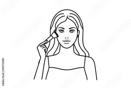 Woman Applying Makeup Outline Beauty Routine Cosmetic Brush On Face Simple Design