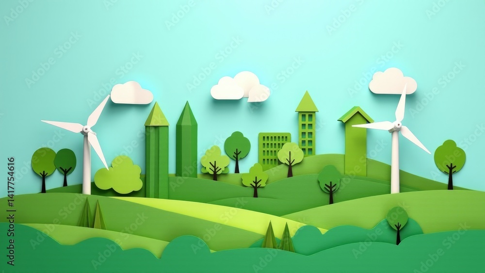 Naklejka premium Paper Cutout Green City With Windmills