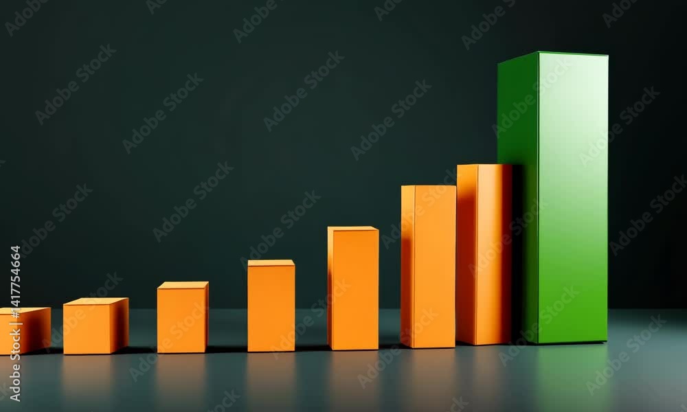 Graph with rising bar charts in orange and green against dark background