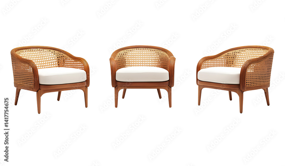 Fototapeta premium Three views of a rattan and wood single-person armchair, isolated on transparent background