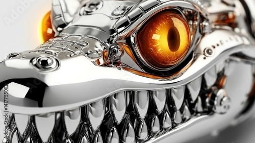 Chrome Robotic Dragon Head Close-up:  A Futuristic Mechanical Beast with Glowing Eye